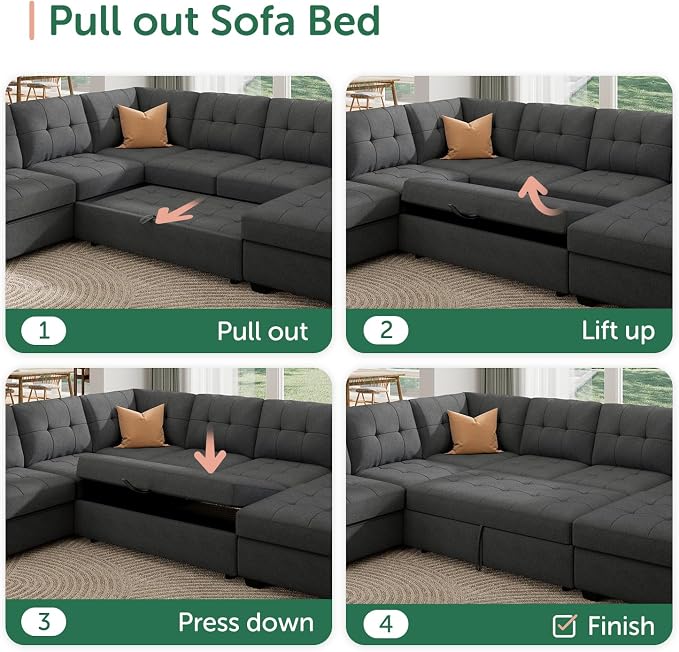 HONBAY Modular Sectional Sleeper Sofa with Pull Out Bed, U Shaped Sleeper Couches with Storage Chaise, 114'' Sleeper Sectional Sofas for Living Room, Apartment (Dark Grey)