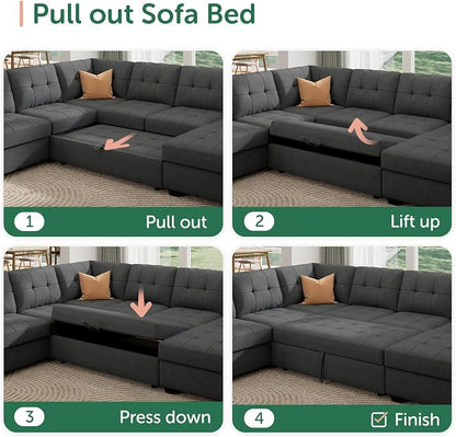 HONBAY Modular Sectional Sleeper Sofa with Pull Out Bed, U Shaped Sleeper Couches with Storage Chaise, 114'' Sleeper Sectional Sofas for Living Room, Apartment (Dark Grey)
