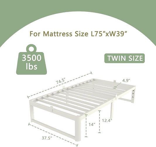 VYM 14 Inch Twin Size Bed Frame with Metal Gaskets, No Box Spring Needed, DIY Headboard, Heavy Duty Steel Slat Support, Anti-Slip Mattress Stopper, Round Corner Leg, Easy Assembly, White