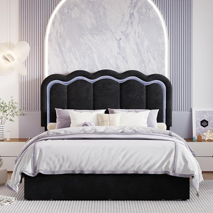 SHA CERLIN Upholstered Full Size Bed Frame with LED Lights and Large Storage Drawer, Velvet Platform Bed with Adjustable Wavy Headboard, Noise Free, Easy Assembly, No Box Spring Needed, Soft Black