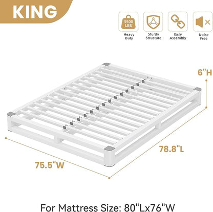 6 Inch King Size Bed Frame with Rounded Corner and Squeak Free U-Slot Design, Metal Platform Bed Frames 6 Non-Slip Guards, 3500lbs Heavy Duty Steel Slat Support, No Box Spring Needed, White