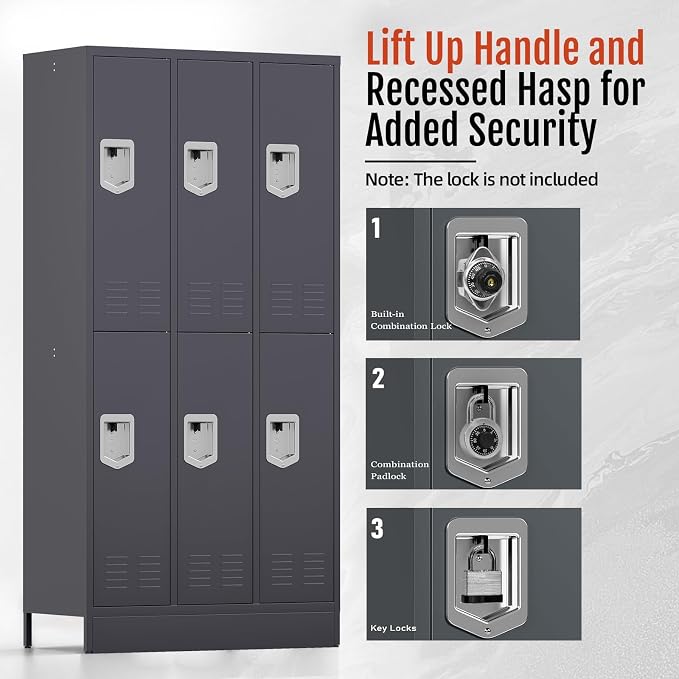 BUTISOW 6 Door Metal Storage Locker for Employees, Heavy Duty Steel School | Locker with Lift Up Handle & Recessed Hasp, Gym Office Lockers with Adjustable Shelves & Hooks, 72"H x 35.4"W x 15.75"D, Grey