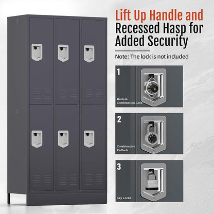 BUTISOW 6 Door Metal Storage Locker for Employees, Heavy Duty Steel School | Locker with Lift Up Handle & Recessed Hasp, Gym Office Lockers with Adjustable Shelves & Hooks, 72"H x 35.4"W x 15.75"D, Grey