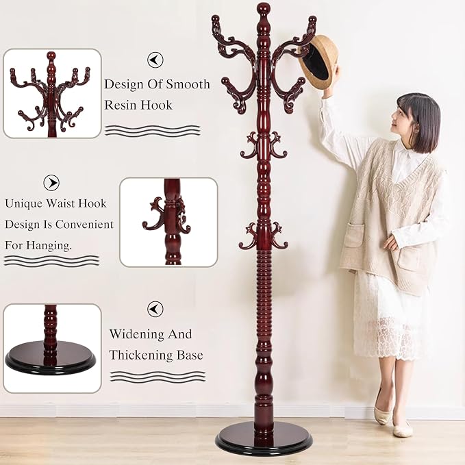 Wooden Coat Rack Freestanding, Hall Tree Hanger With Resin Hooks, Adjustable Heavy Duty Coat Rack for Hanging Clothes Bags Hats in Living Room Bedroom (coat rack, Round Base-Rosewood Color)