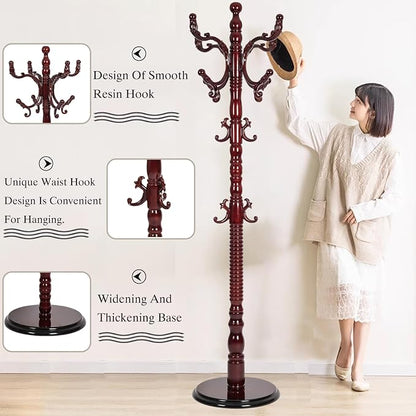 Wooden Coat Rack Freestanding, Hall Tree Hanger With Resin Hooks, Adjustable Heavy Duty Coat Rack for Hanging Clothes Bags Hats in Living Room Bedroom (coat rack, Round Base-Rosewood Color)