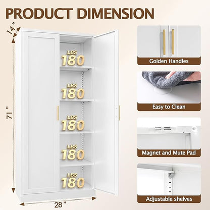 71" H Kitchen Storage Cabinet with 4 Adjustable Shelves, Metal Pantry Cabinet, Pantry Organizers and Storage Cabinet for Kitchen, Bathroom, Living Room (White)