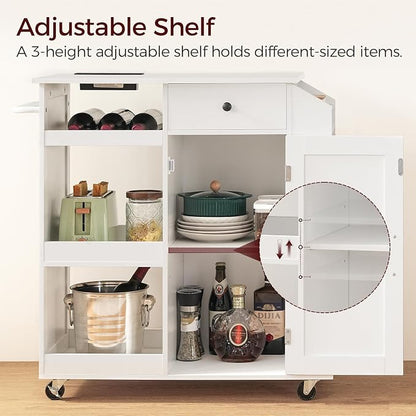 MAHANCRIS Kitchen Island with Power Outlet, Kitchen Storage Island with Drawer, Rolling Kitchen Cart on Wheels, Spice Rack, Towel Rack, Wine Rack, for Dining Room, White KIWT122E01