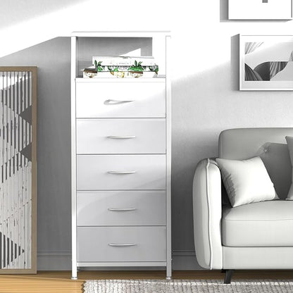 White Dresser for Bedroom, Storage Organizer with 5 Drawers, Vertical Fabric Storage Stand, Nightstand Bedside Table, Sturdy Steel Frame & Wooden Top