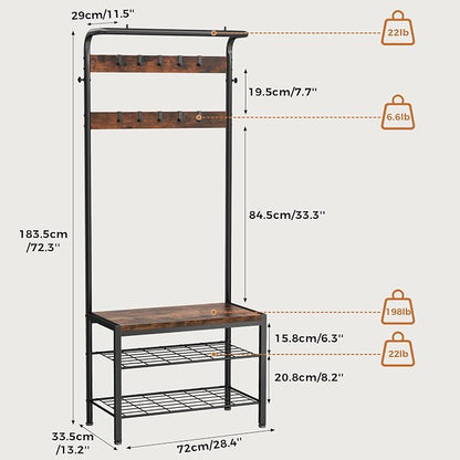NEWBULIG Coat Rack, Hall Tree with Shoe Bench, 4-in-1 Entryway Organizer with 10 Hooks and Storage Shelf, Rustic Wood Entryway Bench for Mudroom, Living Room, Bedroom, Brown