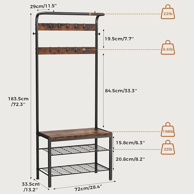 DUMOS 5-in-1 Hall Tree with Coat Rack and Shoe Bench, Industrial Entryway Storage Organizer with Top Hanging Rod, 10 Movable Hooks & Side Hooks, Mudroom Bench with 2-Tier Shoe Rack, Brown