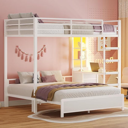 ADORNEVE Twin Over Full Bunk Bed with Desk, Bunk Beds Twin Over Full Size with Charging Station & Led Lights, Storage Drawers & Shelves, Loft Bed with Safety Guardrail & Ladder for Kids/Teens, White