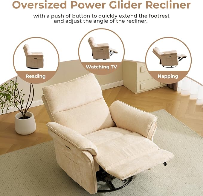 Oversized Power Recliner Chair Swivel Glider with Massage and Heat, Rocker Nursery Recliner for Adults with Adjustable Headrest, 26" Extra Wide Nursery Chair with Overstuffed Armrest,Beige