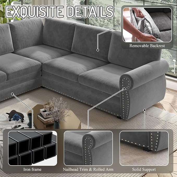 118" L-Shaped Sleeper Couch Bed - Oversize Convertible with Pull-Out Sofa Bed, Button Tufted Chesterfield Sofa, Chenille Sectional Vintage Couches for Living Room/Apartment(6-Seater, Light Grey) | Oversize Convertible