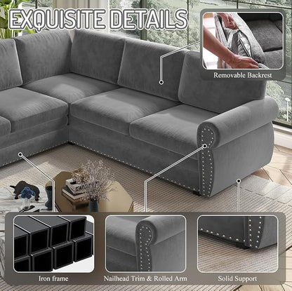 118" L-Shaped Sleeper Couch Bed - Oversize Convertible with Pull-Out Sofa Bed, Button Tufted Chesterfield Sofa, Chenille Sectional Vintage Couches for Living Room/Apartment(6-Seater, Light Grey) | Oversize Convertible