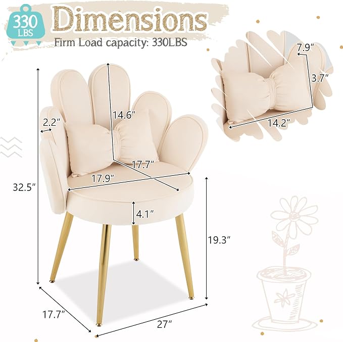 VINGLI Petal Makeup Vanity Chair with Back,Flower Cute Girls Desk Chair Comfy No Wheels,Modern Dining Chair,Small Accent Chair with Adustable Gold Legs&Bow Pillow for Home Office,Bedroom,Velvet,Beige