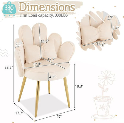 VINGLI Petal Makeup Vanity Chair with Back,Flower Cute Girls Desk Chair Comfy No Wheels,Modern Dining Chair,Small Accent Chair with Adustable Gold Legs&Bow Pillow for Home Office,Bedroom,Velvet,Beige