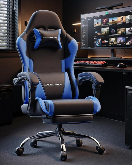 Dowinx Ergonomic Gaming Chair with Footrest & Massage Lumbar, 2D-Linkage Armrests for Computer Chair 330lbs with Headrest Pillow for Office, Home, Streaming and Long Gaming Sessions, Blue