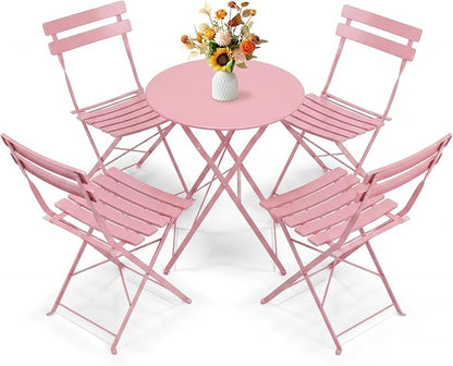 Bistro Table and Chairs Set of 4, 5 Piece Outdoor/Indoor Folding Patio Bistro Sets, 4 Chair Patio Furniture Set with Table, Premium Frame Foldable Coffee Tables for Balcony, Yard, Garden, Pink