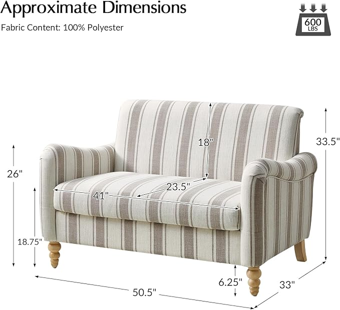 EcoHarbor Living 50.5" Mid-Century Modern Couch, Upholstered Sofa with Armrests, Stripe Mini Loveseat Couches for Small Space, Living Room, Bedroom, Office, Apartment, Tan