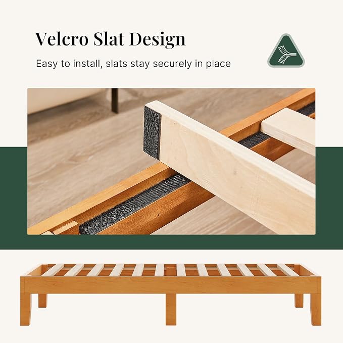 Sweetcrispy Twin Size Bed Frame 12 inch Heavy Duty Platform Bedframe, 500 lbs Capacity, Underbed Storage, No Box Spring Needed, Wooden Slats, Easy Assembly with Velcro, Honey Finish