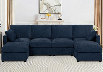 110” Chenille 4-Seats Sofa W/Two Movable Ottomans, Blue | Modern Fabric U-Shaped Couch w/Soft Backrests, Upholstered Sectional Sofa w/Arm Pillows for Living Room, Office