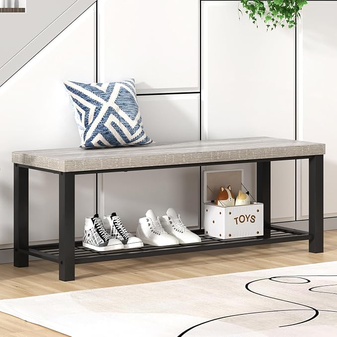 FOLUBAN Entryway Bench, Vintage Wood and Metal Storage Bench with Metal Shelf, Indoor Shoe Rack Bench Seat for Living Room, Bedroom, Hallway, Entrance, Light Grey, 47 Inch