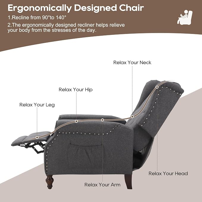 Wingback Recliner Chair with Massage and Heat, Wingback Recliner Tufted Fabric Push Back Recliner Chair for Living Room, Vintage Wingback Chair with Remote Control, Padded Cushion, Wooden Legs