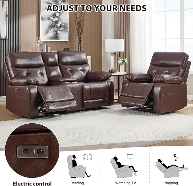 CANMOV Genuine Leather Power Recliner Sofa Set, Power Recliner Chair and Loveseat Set, 2 Pieces Leather Couch with Storage Console, USB Ports, Cup Holders for Living Room,Dark Brown