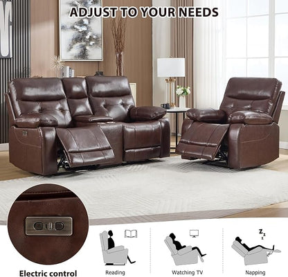 CANMOV Genuine Leather Power Recliner Sofa Set, Power Recliner Chair and Loveseat Set, 2 Pieces Leather Couch with Storage Console, USB Ports, Cup Holders for Living Room,Dark Brown