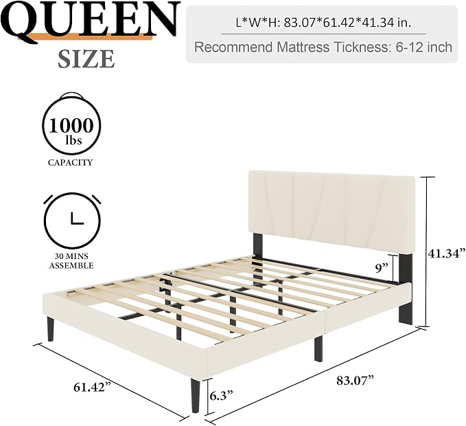 Sismplly Queen Size Platform Bed Frame with Upholstered Headboard, Wooden Slats Support, Noise Free, No Box Spring Needed, Easy Assembly, Beige, Velvet