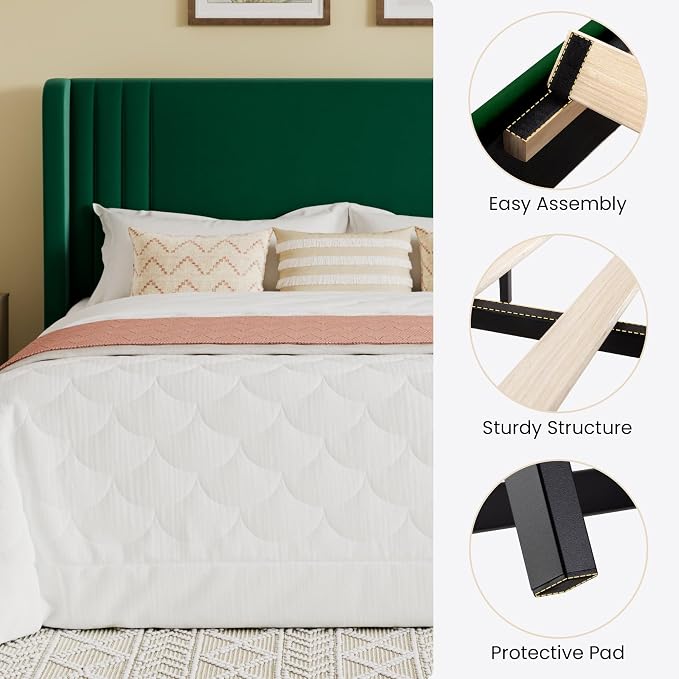 SHA CERLIN Full Size Velvet Upholstered Platform Bed Frame with Vertical Channel Tufted Wingback Headboard, Wooden Slats Support, Easy Assembly, Under Bed Storage, No Box Spring Required, Green