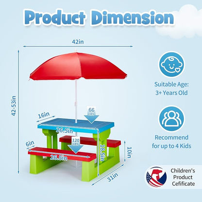 JOYMOR Kids Picnic Table with Removable Umbrella, Plastic Kids Activity Table for Outdoors, Toddler Table and Bench Set for Ages 3+, Ideal for Garden, Patio, Coloful