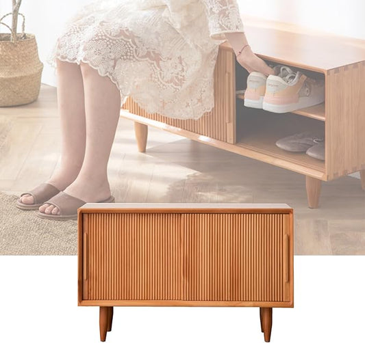 Storage Bench Shoe Rack Entryway Bench Shoe Storage Organizer Ottoman Shoe Cabinet Bedroom End of Bed Bench with Storage for Front Door Entrance Living Room Closet Bedroom Hallway(Cherry wood color,80