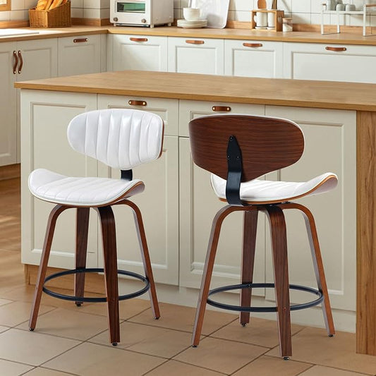 Counter Height Bar Stools Set of 2, 24 inch PU Leather Wooden Bentwood Barstools Swivel Modern Breakfast Bar Chairs with Backrest and Footrest for Kitchen Island, Dining Room D035-White-2