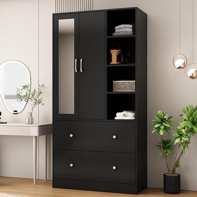 Wardrobe Armoire Closet with Mirror, 2 Door Wardrobe Cabinet with 2 Drawers & Extendable Hanging Rod, Bedroom Armoire Cabinet Clothes Organizer, Type A Black (35.5" W x 15.8" D x 70.8" H)