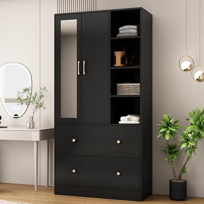 Wardrobe Armoire Closet with Mirror, 2 Door Wardrobe Cabinet with 2 Drawers & Extendable Hanging Rod, Bedroom Armoire Cabinet Clothes Organizer, Type A Black (35.5" W x 15.8" D x 70.8" H)
