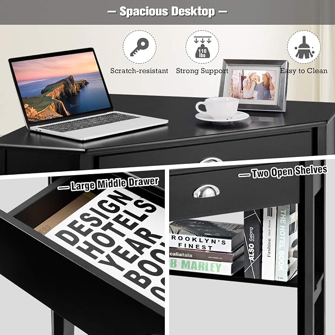 LDAILY Corner Desk, Triangle Corner Computer Desk for Small Space, Compact Writing Desk with Storage Shelves & Drawer, Space Saving Small Makeup Vanity Desk for Bedroom, Home Office, Black