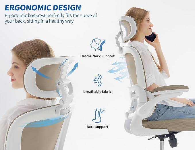 TRALT Ergonomic Office Chair - Desk Chair with Adjustable Headrest Lumbar Support Computer Chair - Mesh Comfy Chair with Flip-up Armrests - Gaming Chairs for Adults Home Office (PU Leather,Khaki)