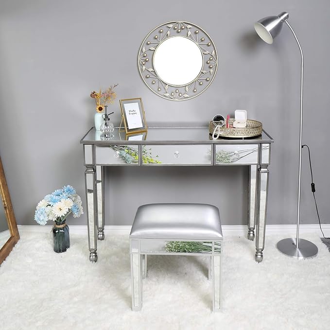 VINGLI Mirrored Vanity Desk with 3 Drawers, Modern Console/Sofa/Makeup Desk for Bedroom/Living Room/Entryway, Silver
