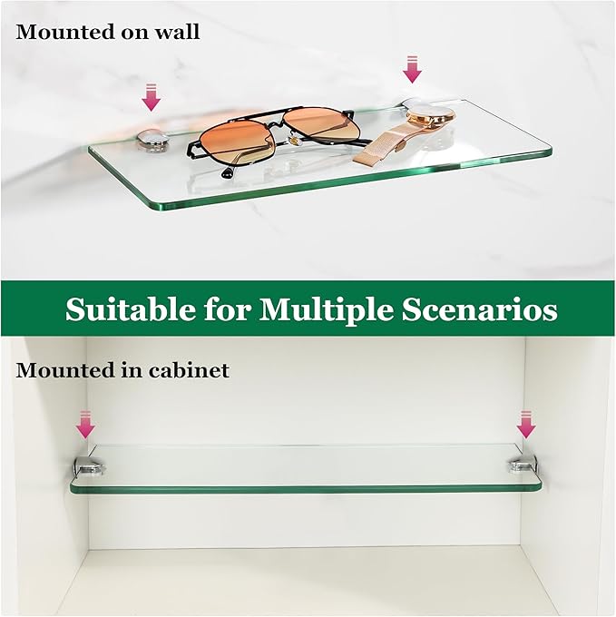 SAYAYO Glass Floating Shelves for Wall, Tempered Glass Shelves for Bathroom, Living Room, Bedroom, Office, Toilet, Kitchen Decor, 12Inch Set of 3, Clear