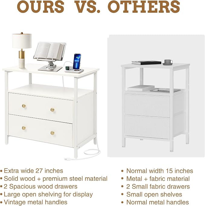 Edbuosy 27 inch Wide Night Stand with Charging Station, Bedside Table with Open Shelf, 2 Drawers Small Wood Dresser, Modern Wood Nightstand for Bedroom/Living Room, White