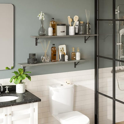DINZI LVJ Long Wall Shelves, 39.4Inch Wall Mounted Shelves Set of 2, Easy-to-Install, Wall Storage Ledges with Sturdy Metal Brackets for Living Room, Bathroom, Bedroom, Kitchen, Grey Wash