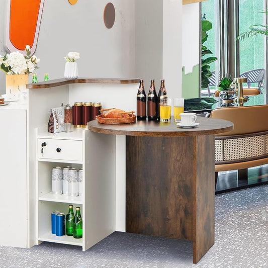 Reception Desk, Retail Checkout Counter w/Lockable Drawer & Open Shelves, Computer Workstation, Small Front Desk Reception Counter for Company Lobby Store Salon Office (Rustic Brown & White)