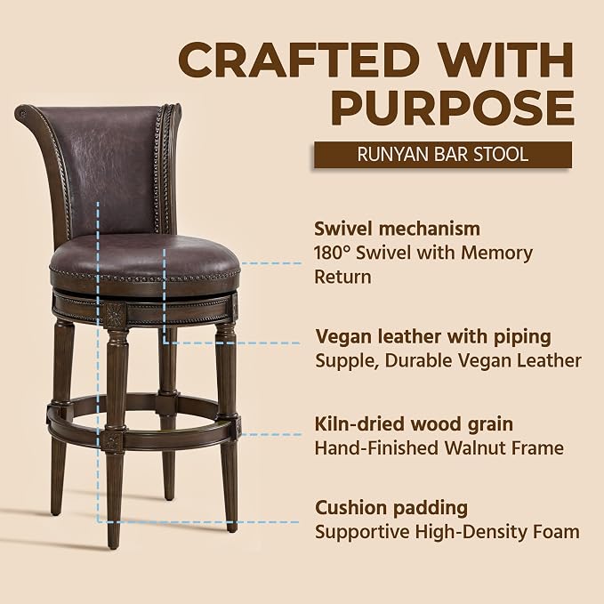 ROME + OAK Set of 3 Runyan 31" Swivel Bar Stool, High Back Barstool in Dark Walnut Finish with Vintage Brown Vegan Leather Seat