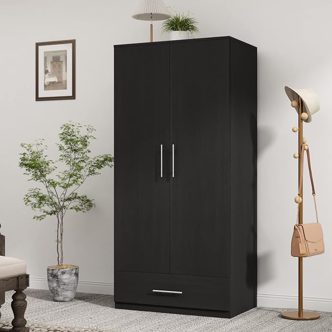 Wardrobe Armoire Closet with 2 Doors, Freestanding Wardrobe Cabinet with Drawer & Hanging Rod, Bedroom Armoire Clothes Organizer, Type C Black (31.5" W x 18.9" D x 66.9" H)