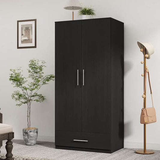 Wardrobe Armoire Closet with 2 Doors, Freestanding Wardrobe Cabinet with Drawer & Hanging Rod, Bedroom Armoire Clothes Organizer, Type C Black (31.5" W x 18.9" D x 66.9" H)