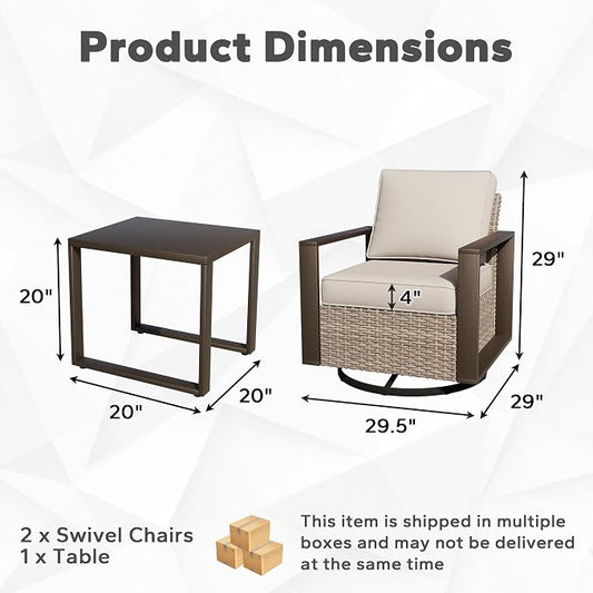 Joyside Outdoor Patio Swivel Rocker Chairs, 3 Pieces Wicker Furniture Set, 2 Swivel Rocking Chairs and 1 Table, Metal Wide Armrest, Thick Cushions and Deep Seating for Garden, Backyard, Porch, Deck