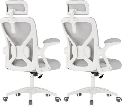 VASAGLE Ergonomic Mesh Office Chairs with Adjustable Lumbar Support and Headrest, 90-105° Tilt Function, Wide Seat, Flip‑Up Armrests, Computer Desk Chairs for Home Office, Set of 2, Dove Gray