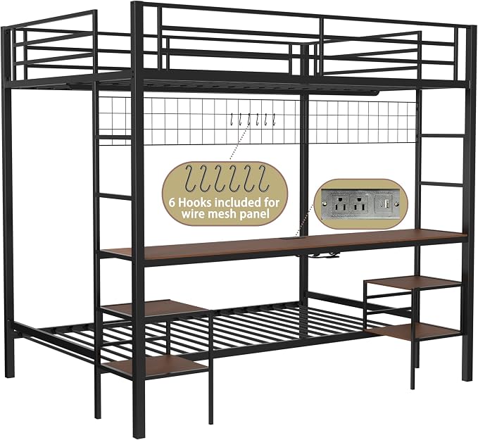Bellemave Full Over Twin bunk Bed with Desk, loft Bed with Desk and Shelves, Full Over Twin Metal Bunk Beds with Charging Station, Black & Cinnamon Oak