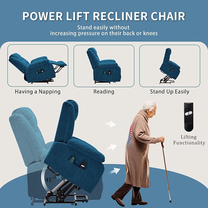 Korser Oversized Power Lift Recliner for Elderly, Extra Wide Electric Recliner Chairs with Massage and Heat, Reclining Chair with Side Pockets, Recliner for Living Room (Cashmere, Blue)